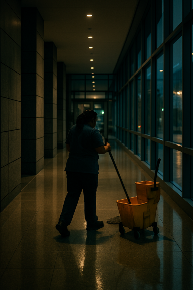 Vrouw bezig met schoonmaakwerkzaamheden in een commercieel gebouw, professioneel en zorgvuldig.